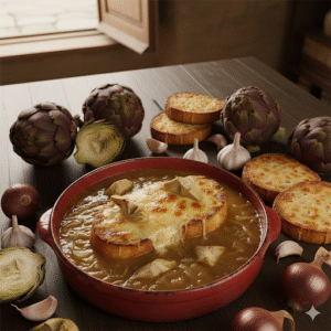 Sopa de ceba amb carxofa confitada